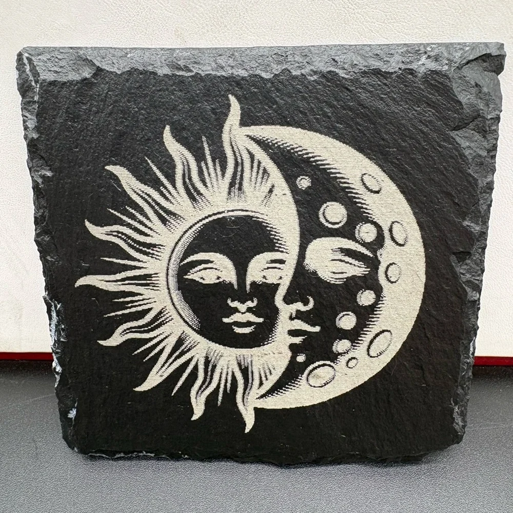 Sun and Moon Slate Coasters - Black and White Set of 4 Laser‎ Engraved Celestial